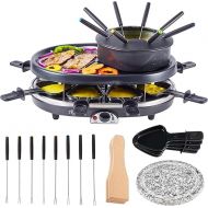 CHENDY Electric Fondue Pot Set, Cheese Fondue Pot and Chocolate Fondue Set, Portable BBQ Grill with Raclette Griddle, 8 Fondue Forks, 8 Small Non-Stick Pans for 8 People Parties