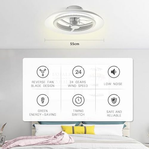  BKZO 55 cm LED Ceiling Light with Fan, Ceiling Fan Lights without Lampshade, Adjustable Wind Speeds, Dimmable Light, Modern Fan Lighting, 3000-5500K