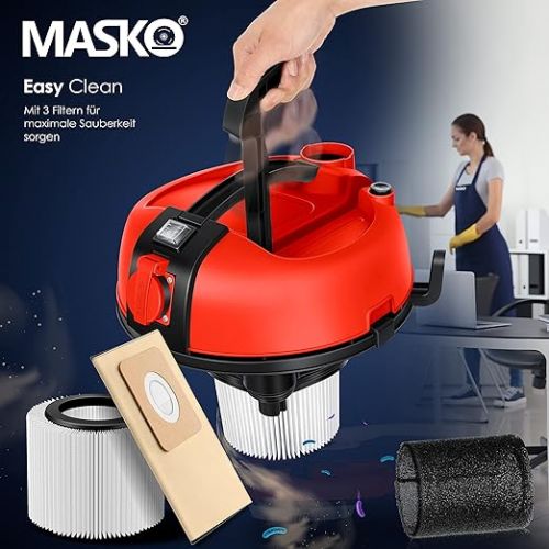  Masko® Industrial Wet And Dry Vacuum Cleaner, Stainless Steel, 2300 W, with Socket and Blowing Function Dry and wet vacuuming - “Push&Clean” - industrial vacuum cleaner with and without bags - bagless., red