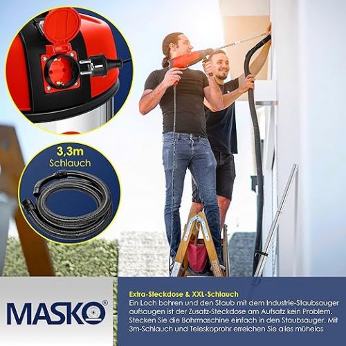  Masko® Industrial Wet And Dry Vacuum Cleaner, Stainless Steel, 2300 W, with Socket and Blowing Function Dry and wet vacuuming - “Push&Clean” - industrial vacuum cleaner with and without bags - bagless., red