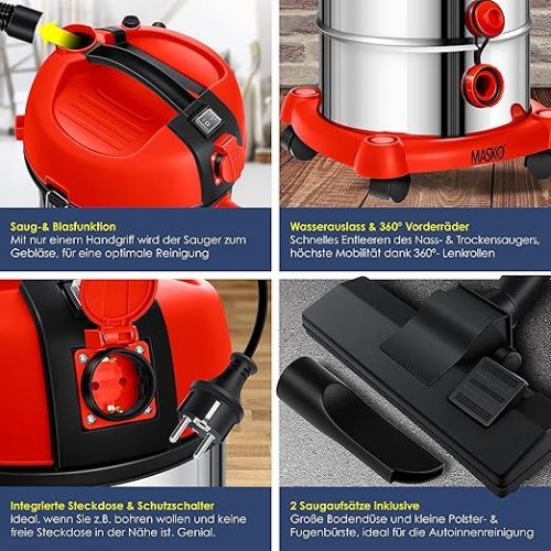  Masko® Industrial Wet And Dry Vacuum Cleaner, Stainless Steel, 2300 W, with Socket and Blowing Function Dry and wet vacuuming - “Push&Clean” - industrial vacuum cleaner with and without bags - bagless., red