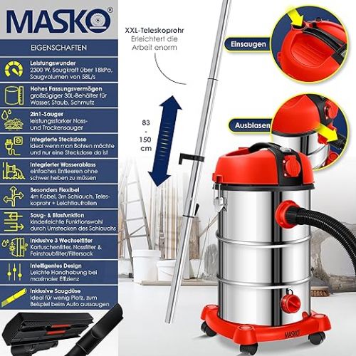  Masko® Industrial Wet And Dry Vacuum Cleaner, Stainless Steel, 2300 W, with Socket and Blowing Function Dry and wet vacuuming - “Push&Clean” - industrial vacuum cleaner with and without bags - bagless., red