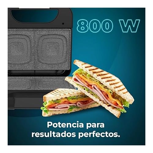  Cecotec Sandwich Maker Rock'nToast Square+, 800 W Power, Square Plates, RockStone Coating, Non-Stick, Stainless Steel, Environmentally Friendly PFOA-Free Coating