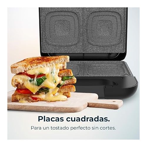  Cecotec Sandwich Maker Rock'nToast Square+, 800 W Power, Square Plates, RockStone Coating, Non-Stick, Stainless Steel, Environmentally Friendly PFOA-Free Coating