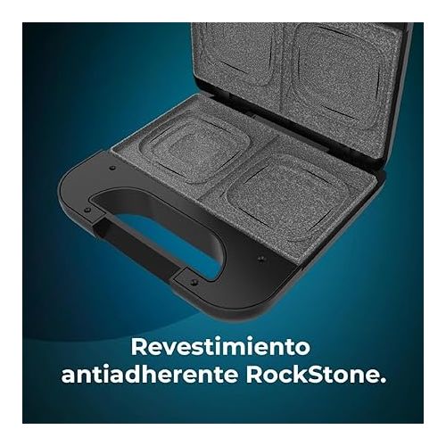  Cecotec Sandwich Maker Rock'nToast Square+, 800 W Power, Square Plates, RockStone Coating, Non-Stick, Stainless Steel, Environmentally Friendly PFOA-Free Coating