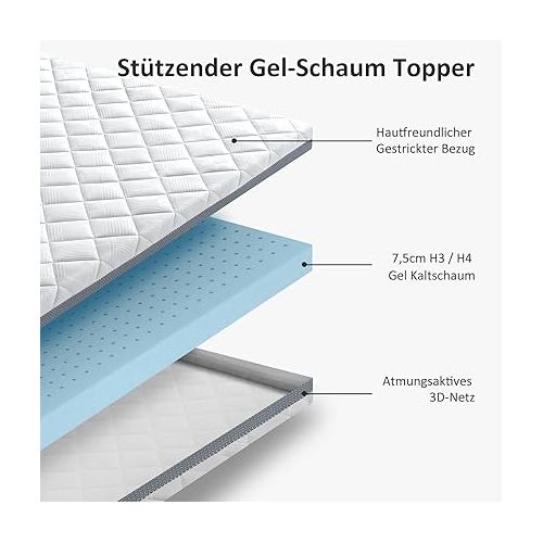  BedStory Gel Topper with Cold Foam Core and Removable, Washable Cover, 7.5 cm Height, Breathable and Comfortable Mattress Topper for Box Spring Bed and Uncomfortable Beds, 140 x 200 cm