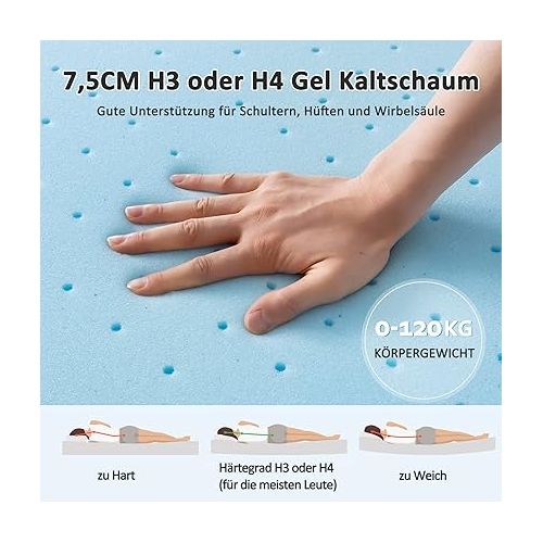  BedStory Gel Topper with Cold Foam Core and Removable, Washable Cover, 7.5 cm Height, Breathable and Comfortable Mattress Topper for Box Spring Bed and Uncomfortable Beds, 140 x 200 cm