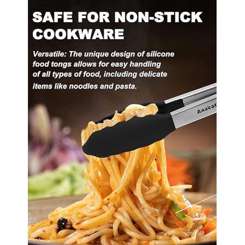  Anaeat Non-Stick Silicone Gripper Tongs - Stainless Steel 18cm Mini Kitchen Tongs with Non-Slip Silicone Tips and Handle for Cooking, Baking and Grilling - Heat Resistant up to 480°F (Black)