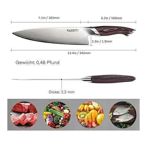  VALKETT Japanese Steel Knife Made of 10 Chef's Knife Kitchen Knife Professional Utility Knife Ergonomic Wooden Handle High Quality Sharp Durable Precise Brown