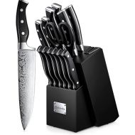 D.Perlla Knife Block Set, 14-Piece Self-Sharpening Knife Block, Sharp Stainless Steel Knife Set with Plastic Handle and Wooden Block, Professional Kitchen Knife Set, Black