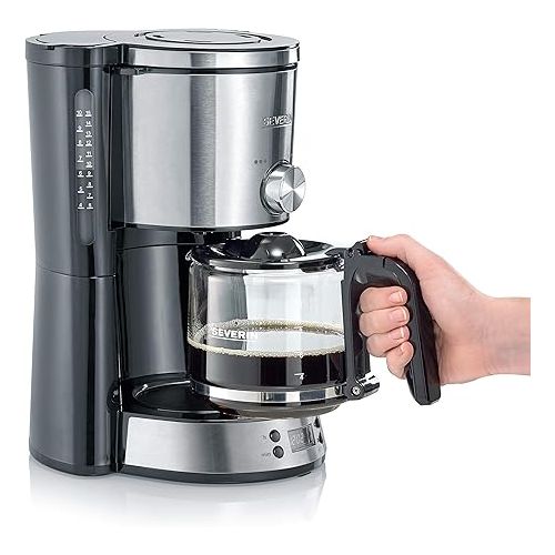  SEVERIN TypeSwitch KA 4826 Coffee Machine with Glass Jug and Timer, AromaSwitch for 2 Brewing Options, Digital Clock with Timer Function, for up to 10 Cups, 1,000 W, Brushed Stainless Steel, Black