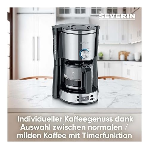  SEVERIN TypeSwitch KA 4826 Coffee Machine with Glass Jug and Timer, AromaSwitch for 2 Brewing Options, Digital Clock with Timer Function, for up to 10 Cups, 1,000 W, Brushed Stainless Steel, Black