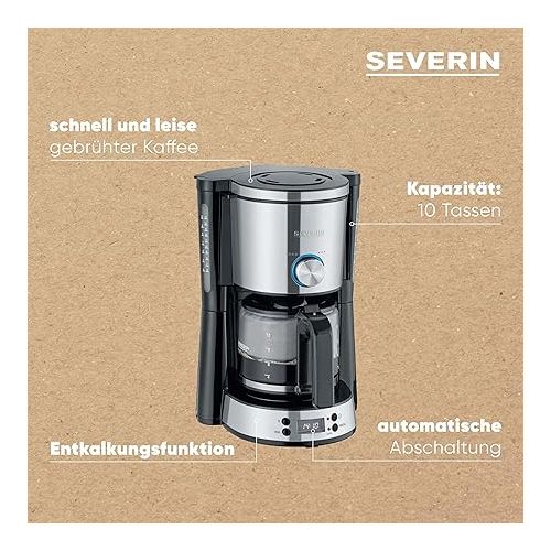  SEVERIN TypeSwitch KA 4826 Coffee Machine with Glass Jug and Timer, AromaSwitch for 2 Brewing Options, Digital Clock with Timer Function, for up to 10 Cups, 1,000 W, Brushed Stainless Steel, Black