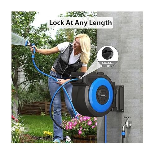  Himimi Hose Reel 30 m + 2 m Wall Hose Box, 180° Swivelling Garden Hose Reel, Water Hose Reel, Automatic with 10-in-1 Multi Shower, Wall Mount for Gardens Watering