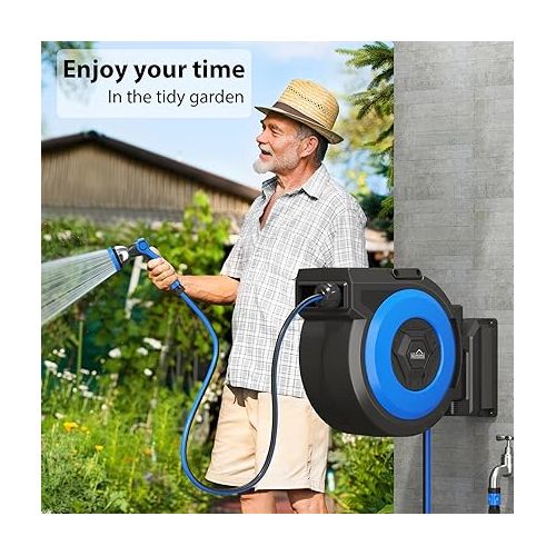  Himimi Hose Reel 30 m + 2 m Wall Hose Box, 180° Swivelling Garden Hose Reel, Water Hose Reel, Automatic with 10-in-1 Multi Shower, Wall Mount for Gardens Watering