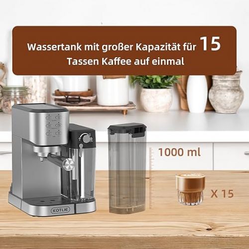  KOTLIE CM5180 Espresso Machine with 0.7 Litre Automatic Milk Frothing for Espresso/Cappuccino/Latte, 1 L Water Tank, 20 Bar, 1350 W