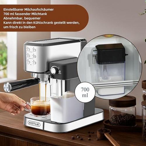  KOTLIE CM5180 Espresso Machine with 0.7 Litre Automatic Milk Frothing for Espresso/Cappuccino/Latte, 1 L Water Tank, 20 Bar, 1350 W