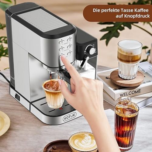  KOTLIE CM5180 Espresso Machine with 0.7 Litre Automatic Milk Frothing for Espresso/Cappuccino/Latte, 1 L Water Tank, 20 Bar, 1350 W