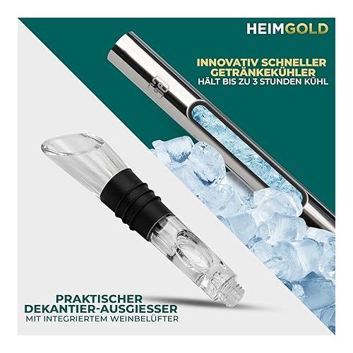  HEIMGOLD Premium 5-in-1 Wine Cooler Set Including 2 Stainless Steel Wine Cooling Sticks, Decanter with Spout, Wine Stopper and Foil Cutter, Elegant Gift Box for Wine Lovers Cooling Rod