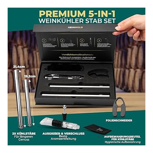  HEIMGOLD Premium 5-in-1 Wine Cooler Set Including 2 Stainless Steel Wine Cooling Sticks, Decanter with Spout, Wine Stopper and Foil Cutter, Elegant Gift Box for Wine Lovers Cooling Rod