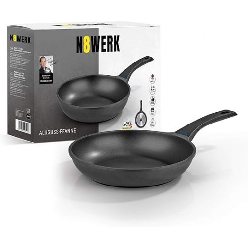  N8WERK Cast Aluminium Frying Pan in Midnight Edition 28 cm Heat Indicator Colour Changing Temperature Display Triple Ilag Ultimate Coating for Low-Fat Frying without Burning Suitable for All Hob Types