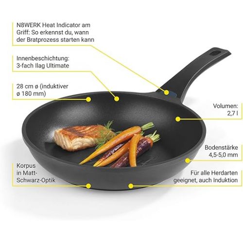  N8WERK Cast Aluminium Frying Pan in Midnight Edition 28 cm Heat Indicator Colour Changing Temperature Display Triple Ilag Ultimate Coating for Low-Fat Frying without Burning Suitable for All Hob Types