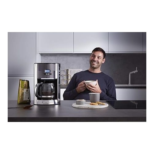  Russell Hobbs Geo Coffee Machine [Digital Timer, Shower Head for Optimal Extraction and Aroma] Geo Stainless Steel Grey (Max 12 Cups, 1.5 L Glass Jug, Warming Plate, 1000 W) Filter Coffee Machine