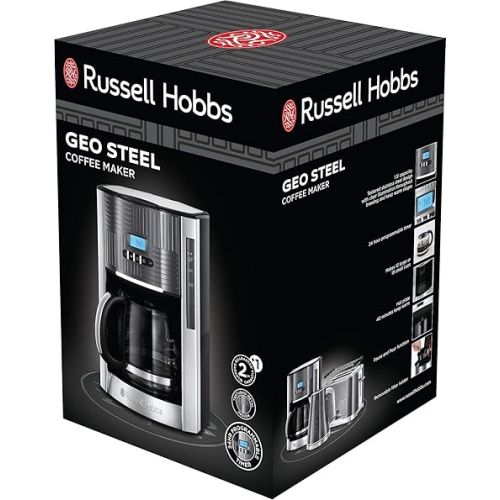  Russell Hobbs Geo Coffee Machine [Digital Timer, Shower Head for Optimal Extraction and Aroma] Geo Stainless Steel Grey (Max 12 Cups, 1.5 L Glass Jug, Warming Plate, 1000 W) Filter Coffee Machine