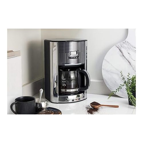  Russell Hobbs Geo Coffee Machine [Digital Timer, Shower Head for Optimal Extraction and Aroma] Geo Stainless Steel Grey (Max 12 Cups, 1.5 L Glass Jug, Warming Plate, 1000 W) Filter Coffee Machine
