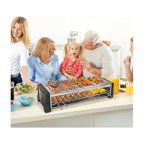  Tischgrill Elektrisch Barbecue - Elektrogrill Holzkohle 2200W Raclette Grills Elektro Grill Standgrill fur Balkon Einstellbare Temperatur Grillnetz aus Edelstahl Geeignet fur Drinnen Draußen Party