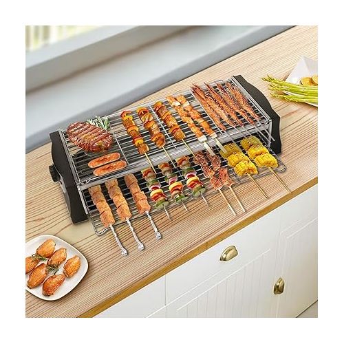  Tischgrill Elektrisch Barbecue - Elektrogrill Holzkohle 2200W Raclette Grills Elektro Grill Standgrill fur Balkon Einstellbare Temperatur Grillnetz aus Edelstahl Geeignet fur Drinnen Draußen Party