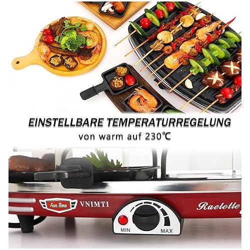  VNIMTI Raclette Grill with 8 Mini Pans, Non-Stick Grill Plate, Continuously Adjustable Temperature, Table Grill for 8 People, 1200 Watts