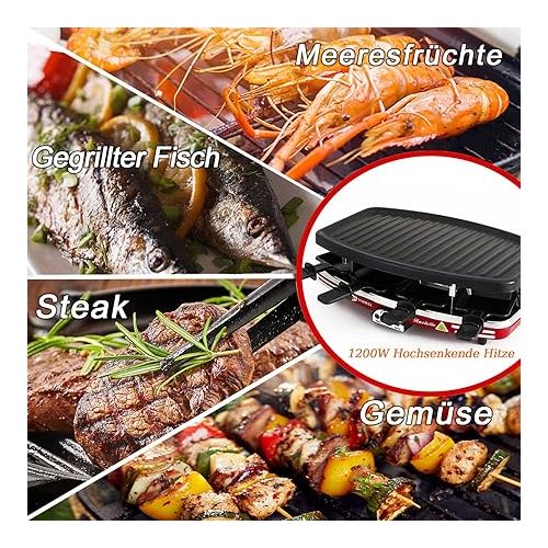  VNIMTI Raclette Grill with 8 Mini Pans, Non-Stick Grill Plate, Continuously Adjustable Temperature, Table Grill for 8 People, 1200 Watts