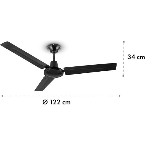  Klarstein Spin Doctor Ceiling Fan, 3 Blades, Diameter: 48 inches / 122 cm, Air Flow Rate: 9963 m³/h, 56 W, 3 Speeds, Separate Wall Control, Body: Stainless Steel, Modern, Black