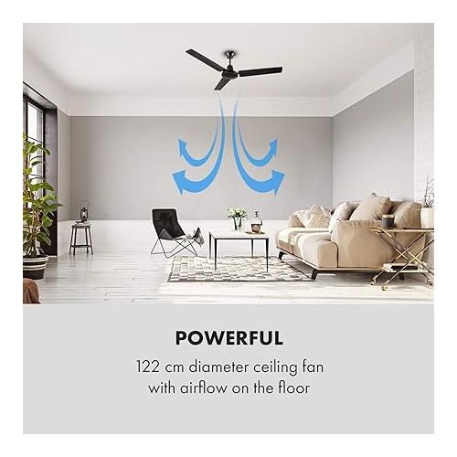  Klarstein Spin Doctor Ceiling Fan, 3 Blades, Diameter: 48 inches / 122 cm, Air Flow Rate: 9963 m³/h, 56 W, 3 Speeds, Separate Wall Control, Body: Stainless Steel, Modern, Black