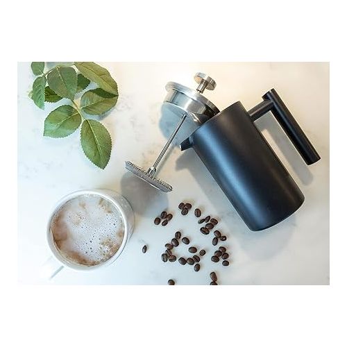  Wrobic 12oz French Press, Stainless Steel Coffee Press 350ml, Double Wall Vacuum Insulated French Press Coffee Maker, Includes 3 Additional Filter Screens and Coffee Spoon, Black