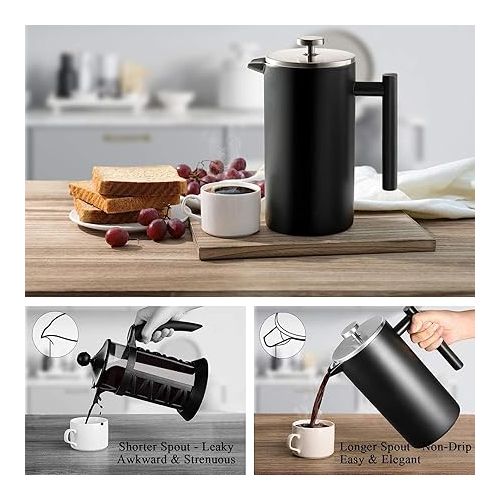  Wrobic 12oz French Press, Stainless Steel Coffee Press 350ml, Double Wall Vacuum Insulated French Press Coffee Maker, Includes 3 Additional Filter Screens and Coffee Spoon, Black