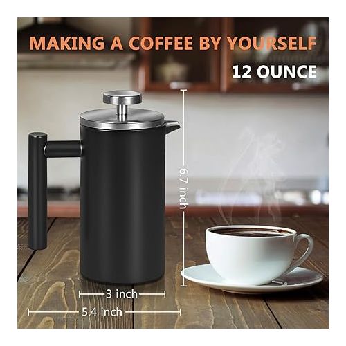  Wrobic 12oz French Press, Stainless Steel Coffee Press 350ml, Double Wall Vacuum Insulated French Press Coffee Maker, Includes 3 Additional Filter Screens and Coffee Spoon, Black