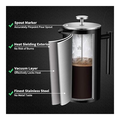  Wrobic 12oz French Press, Stainless Steel Coffee Press 350ml, Double Wall Vacuum Insulated French Press Coffee Maker, Includes 3 Additional Filter Screens and Coffee Spoon, Black