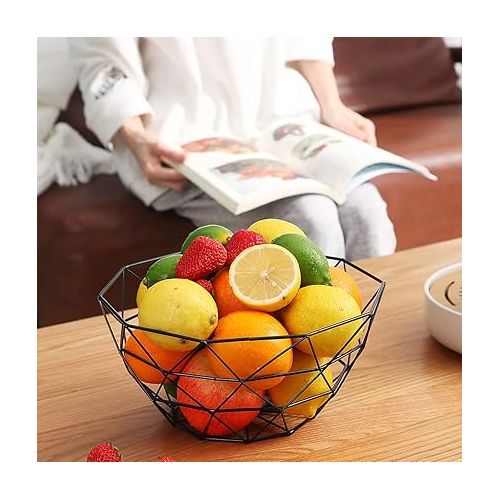  HOMQUEN Fruit Basket, Fruit Bowl, Metal Wire Fruit Basket for Kitchen Counter, Basket for Fruit, Vegetables, Bread, Snacks, Kitchen Aid (Square High, Black)