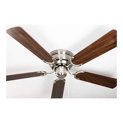  Pepeo - Kisa ceiling fan without lighting | Fan with pull switch in silver with reversible blades in oak and walnut wood look, diameter 105 cm. (colour: brushed nickel, oak/walnut)