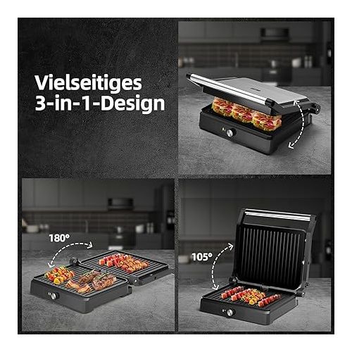  Electric Contact Grill XXL, Multifunctional Table Grill as BBQ Grill, Sandwich Maker & Panini Press Grill, 2200 W, Opens 180 Degrees