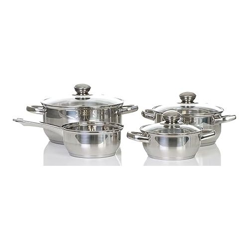  Posten Anker 8-Piece Professional Kitchen Saucepan Set, Satin Stainless Steel Saucepan Set, Suitable for Induction Cookers, 3 Layers, Aluminium Encapsulated Base