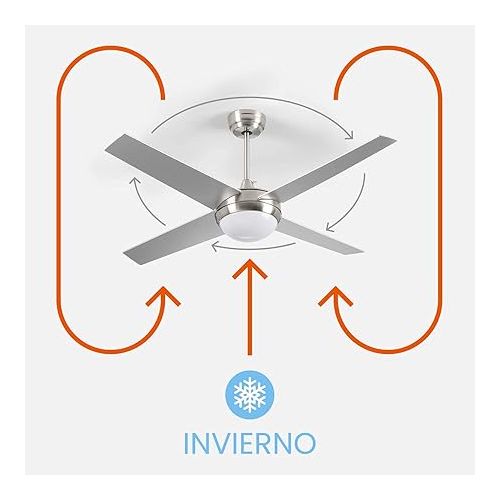  Dayron Montana Ceiling Fan with Quiet LED Light, 4 Blades, 56 W Power, Silver Ceiling Fan with Remote Control and 6 Adjustable Speeds