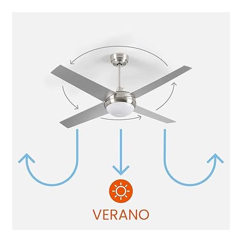  Dayron Montana Ceiling Fan with Quiet LED Light, 4 Blades, 56 W Power, Silver Ceiling Fan with Remote Control and 6 Adjustable Speeds