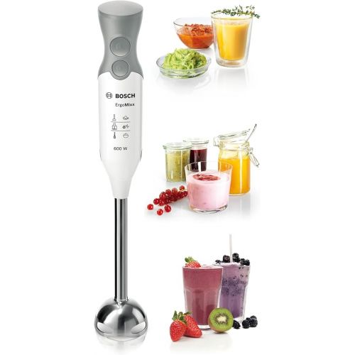  Bosch MSM66110 ErgoMixx hand blender (600 W, with accessories, stainless steel mixing foot, dishwasher-safe, QuattroBlade, with shaker) white / gray
