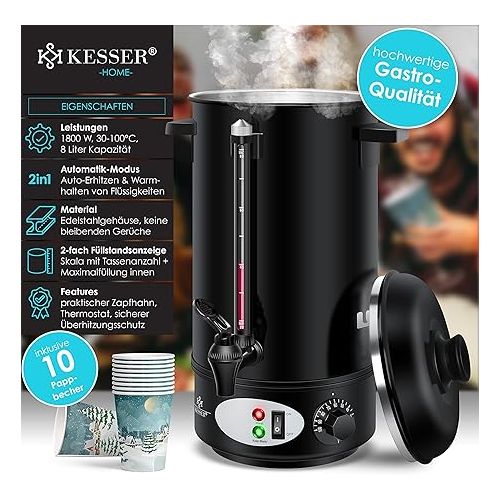  KESSER® Mulled Wine Kettle 8 L Stainless Steel Includes 10x Cups Mulled Wine Cooker with Thermostat Mulled Wine Machine Hot Drink Machine Kettle Hot Water Dispenser Preserving Machine Level Indicator