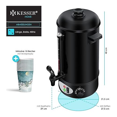  KESSER® Mulled Wine Kettle 8 L Stainless Steel Includes 10x Cups Mulled Wine Cooker with Thermostat Mulled Wine Machine Hot Drink Machine Kettle Hot Water Dispenser Preserving Machine Level Indicator