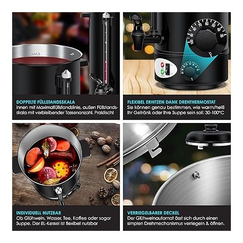  KESSER® Mulled Wine Kettle 8 L Stainless Steel Includes 10x Cups Mulled Wine Cooker with Thermostat Mulled Wine Machine Hot Drink Machine Kettle Hot Water Dispenser Preserving Machine Level Indicator