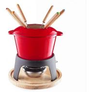 Lacor - 71711 - Fondue Set of Enamelled Iron, Iron Stand with Wooden Base, Suitable for Induction Cookers, 6 Tendons, Diameter 16.5 x 10 cm (1.7 Litres), Red